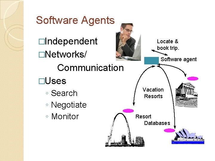 Software Agents �Independent �Networks/ Communication �Uses ◦ Search ◦ Negotiate ◦ Monitor Locate &