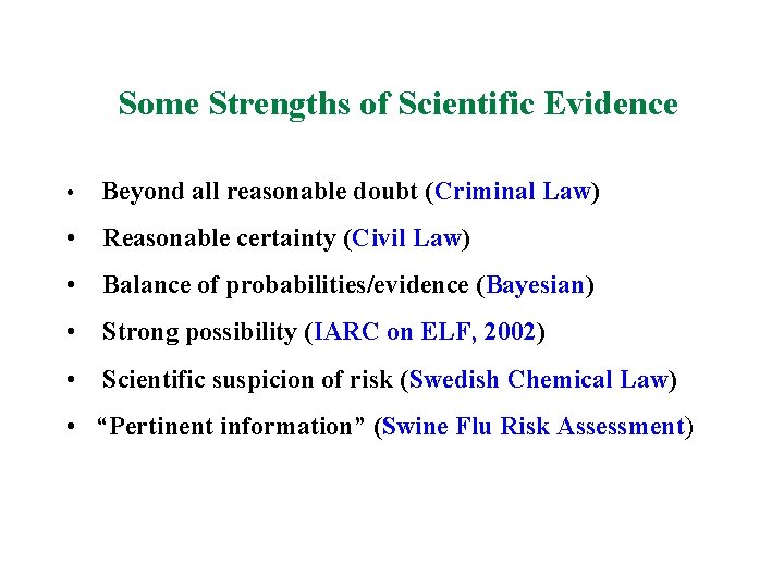Some Strengths of Scientific Evidence • Beyond all reasonable doubt (Criminal Law) • Reasonable