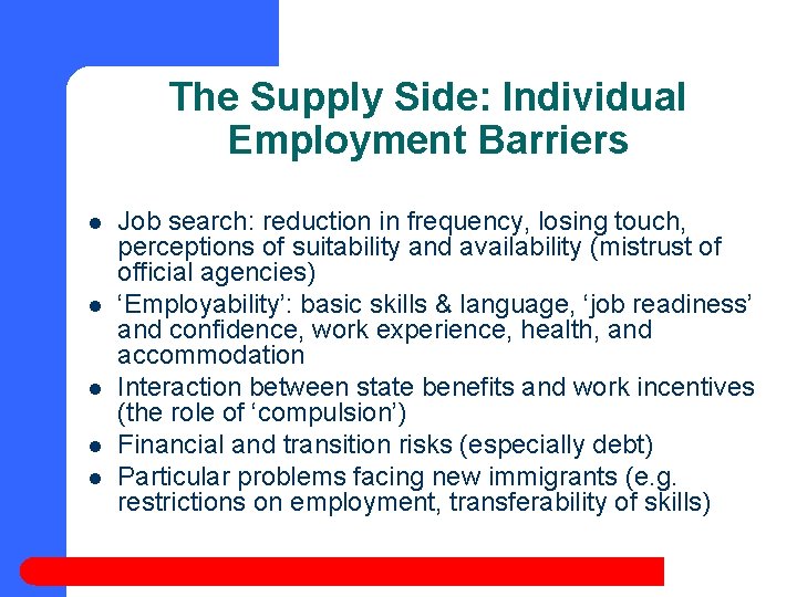 The Supply Side: Individual Employment Barriers l l l Job search: reduction in frequency,