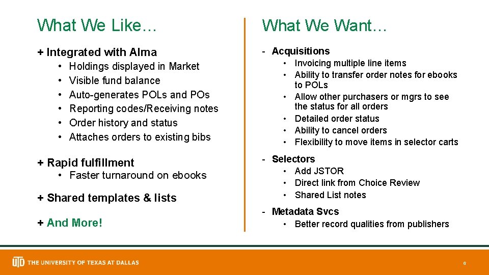What We Like… What We Want… + Integrated with Alma - Acquisitions • •