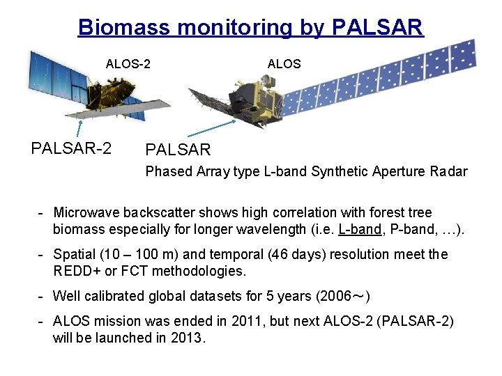 Biomass monitoring by PALSAR ALOS-2 PALSAR-2 ALOS PALSAR Phased Array type L-band Synthetic Aperture