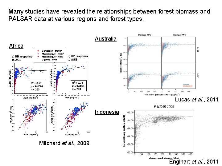 Many studies have revealed the relationships between forest biomass and PALSAR data at various