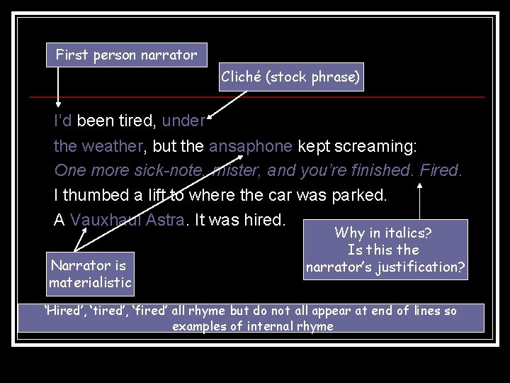 First person narrator Cliché (stock phrase) I’d been tired, under the weather, but the