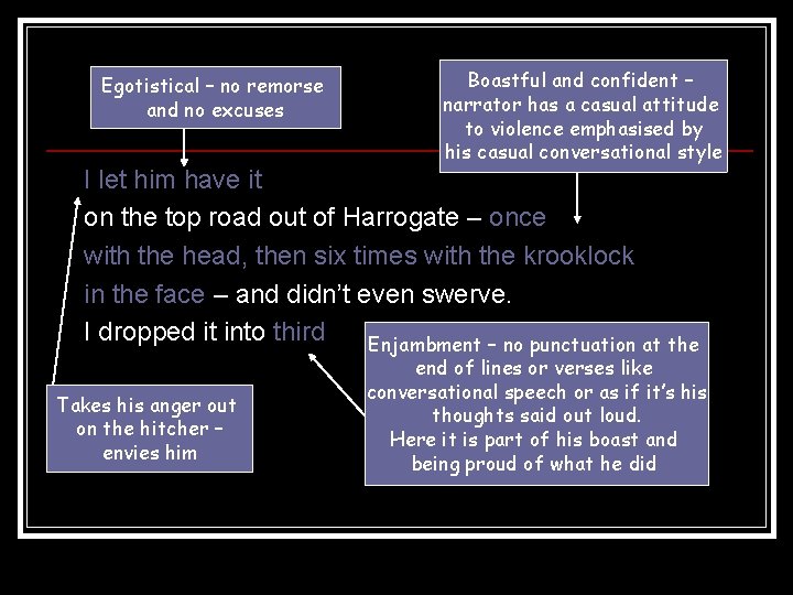 Egotistical – no remorse and no excuses Boastful and confident – narrator has a