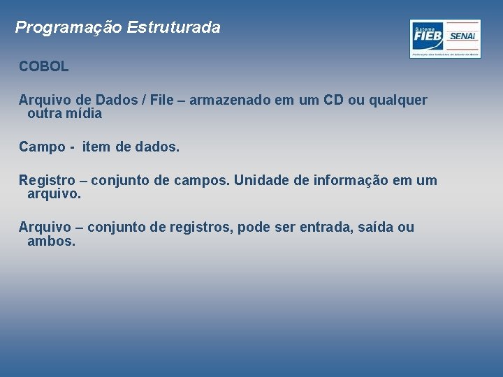 Programação Estruturada COBOL Arquivo de Dados / File – armazenado em um CD ou