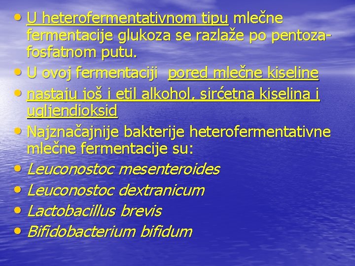  • U heterofermentativnom tipu mlečne fermentacije glukoza se razlaže po pentozafosfatnom putu. •