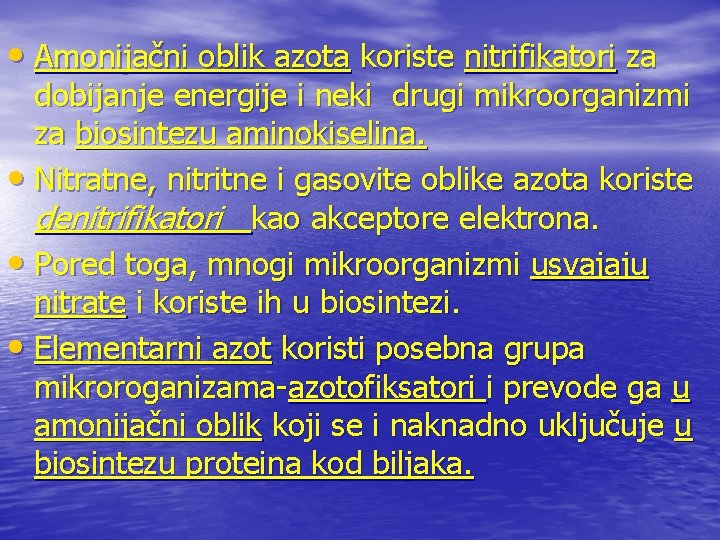  • Amonijačni oblik azota koriste nitrifikatori za dobijanje energije i neki drugi mikroorganizmi