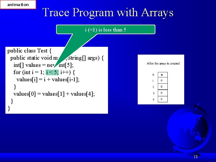 animation Trace Program with Arrays i (=1) is less than 5 public class Test