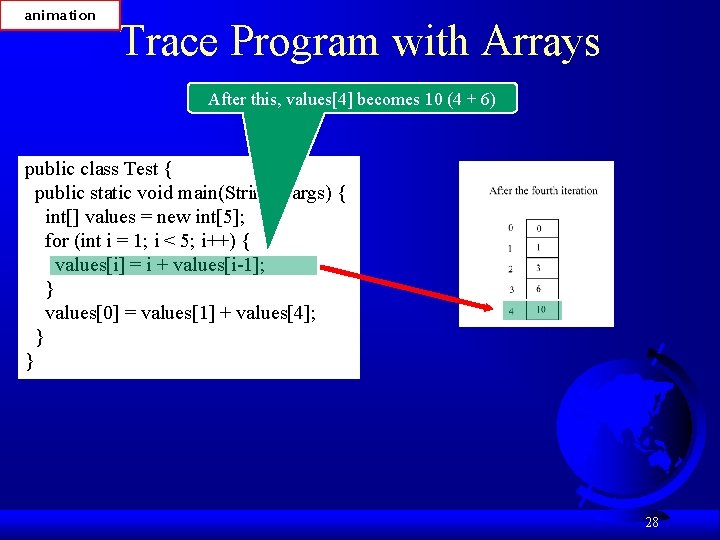 animation Trace Program with Arrays After this, values[4] becomes 10 (4 + 6) public