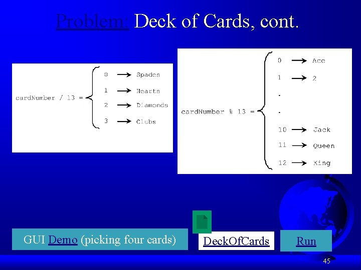 Problem: Deck of Cards, cont. GUI Demo (picking four cards) Deck. Of. Cards Run
