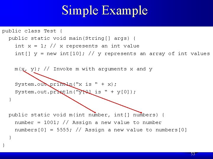 Simple Example public class Test { public static void main(String[] args) { int x