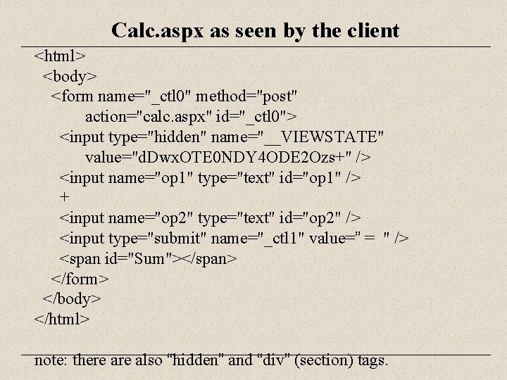 Calc. aspx as seen by the client <html> <body> <form name="_ctl 0" method="post" action="calc.