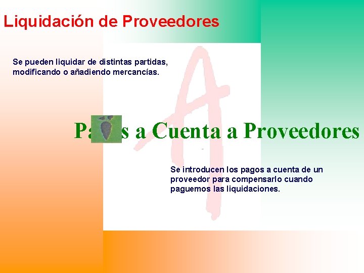 Liquidación de Proveedores Se pueden liquidar de distintas partidas, modificando o añadiendo mercancías. Pagos