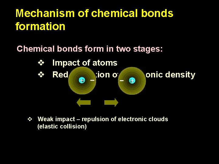 Mechanism of chemical bonds formation Chemical bonds form in two stages: v Impact of