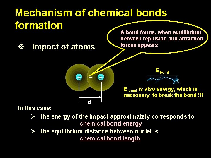 Mechanism of chemical bonds formation A bond forms, when equilibrium v Impact of atoms Mechanism of chemical bonds formation A bond forms, when equilibrium v Impact of atoms