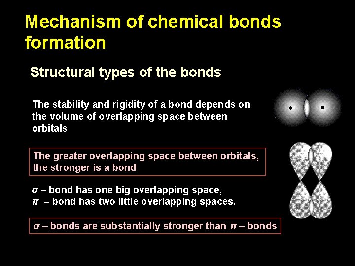 Mechanism of chemical bonds formation Structural types of the bonds The stability and rigidity Mechanism of chemical bonds formation Structural types of the bonds The stability and rigidity