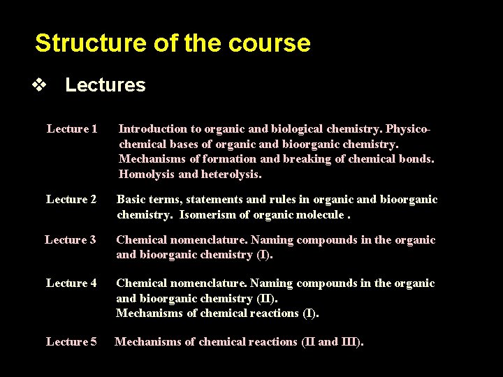 Structure of the course v Lectures Lecture 1 Introduction to organic and biological chemistry. Structure of the course v Lectures Lecture 1 Introduction to organic and biological chemistry.