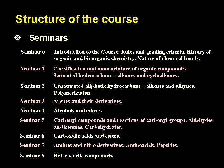 Structure of the course v Seminars Seminar 0 Introduction to the Course. Rules and