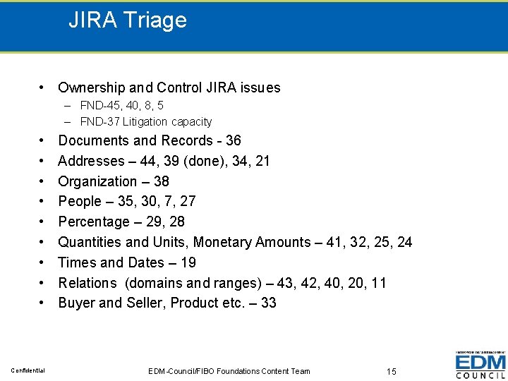 JIRA Triage • Ownership and Control JIRA issues – FND-45, 40, 8, 5 –