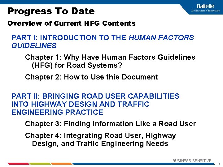 Progress To Date Overview of Current HFG Contents PART I: INTRODUCTION TO THE HUMAN