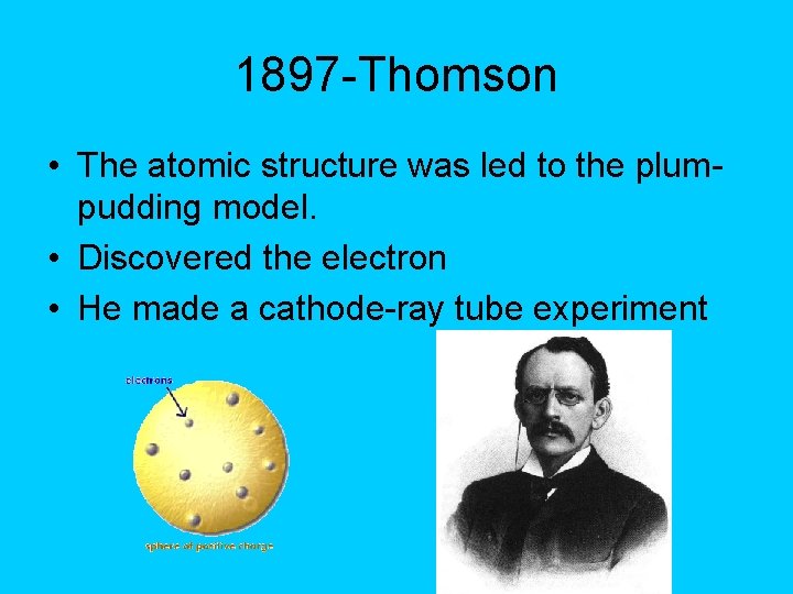 1897 -Thomson • The atomic structure was led to the plumpudding model. • Discovered 1897 -Thomson • The atomic structure was led to the plumpudding model. • Discovered