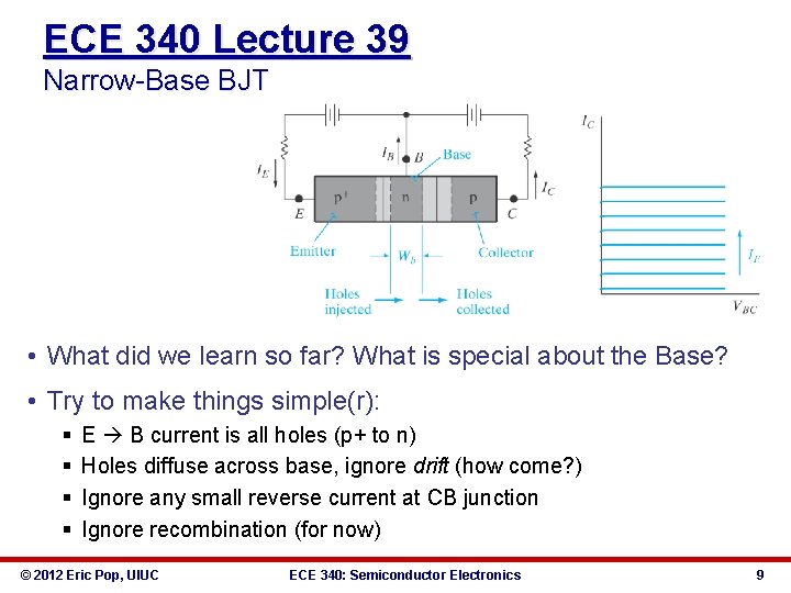 ECE 340 Lecture 39 Narrow-Base BJT • What did we learn so far? What