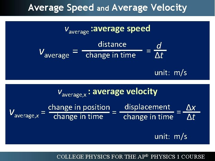 Average Speed and Average Velocity vaverage : average speed vaverage = distance change in