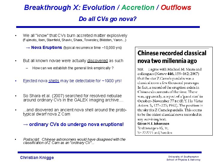 Breakthrough X: Evolution / Accretion / Outflows Do all CVs go nova? • We