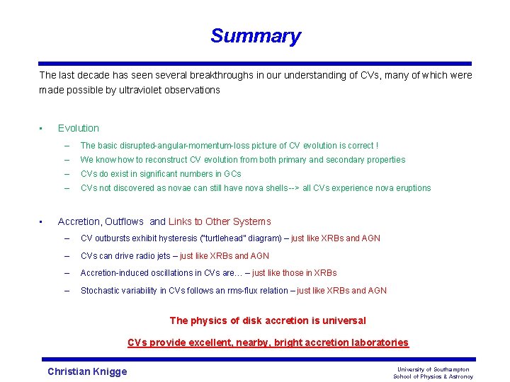 Summary The last decade has seen several breakthroughs in our understanding of CVs, many