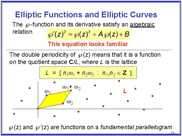 Elliptic Functions and Elliptic Curves The -function and its derivative satisfy an algebraic relation