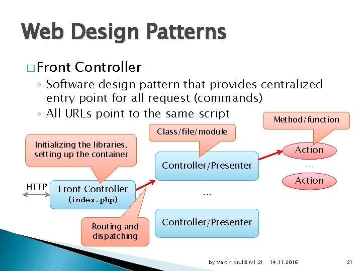 Web Design Patterns � Front Controller ◦ Software design pattern that provides centralized entry