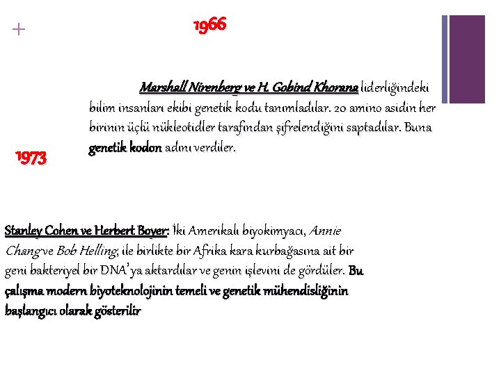 + 1966 Marshall Nirenberg ve H. Gobind Khorana liderliğindeki 1973 bilim insanları ekibi genetik