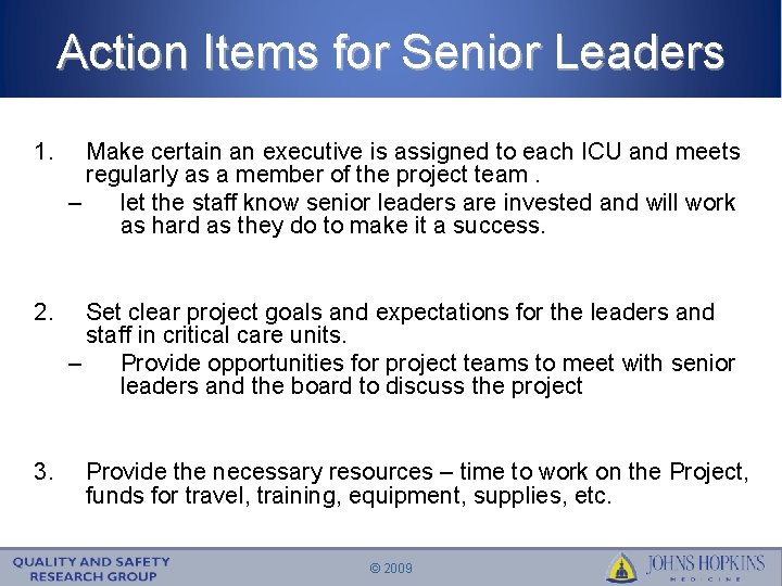 Action Items for Senior Leaders 1. Make certain an executive is assigned to each