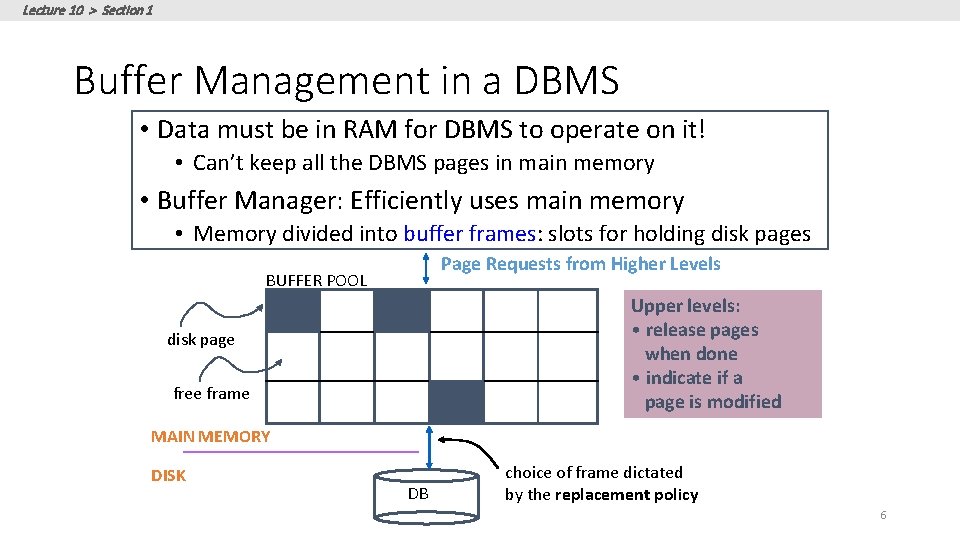 Lecture 10 > Section 1 Buffer Management in a DBMS • Data must be