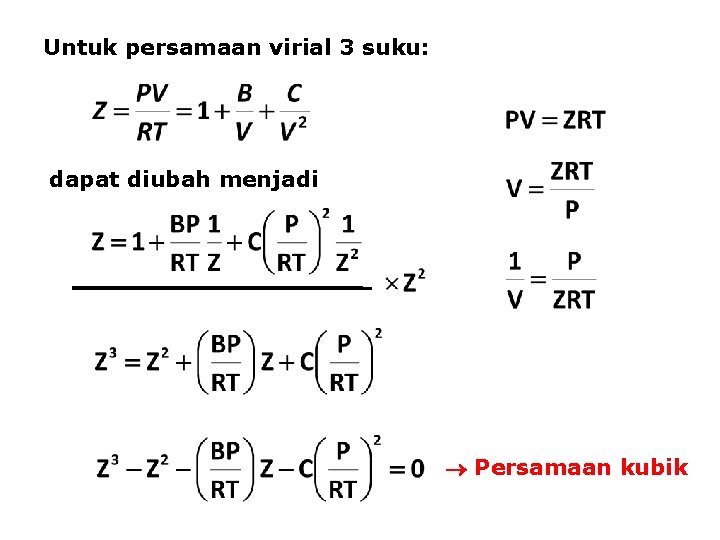 Untuk persamaan virial 3 suku: dapat diubah menjadi Persamaan kubik 