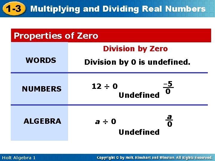 1 -3 Multiplying and Dividing Real Numbers Properties of Zero Division by Zero WORDS