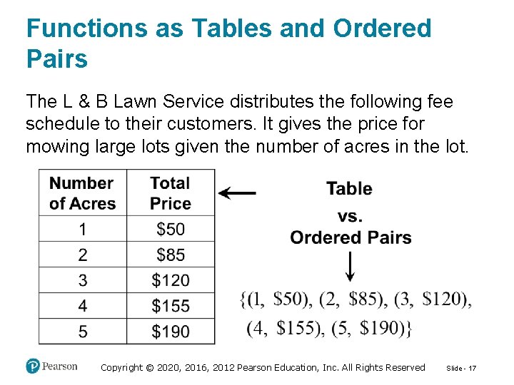 Functions as Tables and Ordered Pairs The L & B Lawn Service distributes the