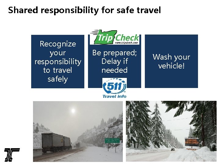 Shared responsibility for safe travel Recognize your responsibility to travel safely Be prepared; Delay