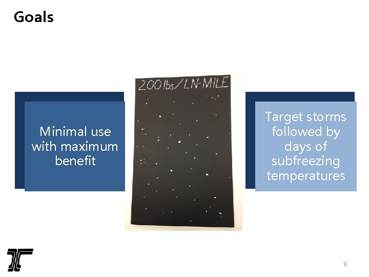 Goals Minimal use with maximum benefit Target storms followed by days of subfreezing temperatures