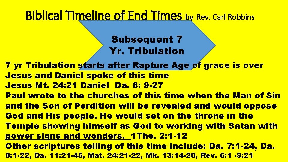 Biblical Timeline of End Times by Rev. Carl Robbins Subsequent 7 Yr. Tribulation 7