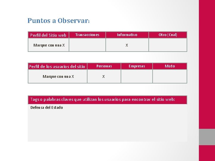 Puntos a Observar: Perfil del Sitio web Transacciones Informativo Marque con una X Otro