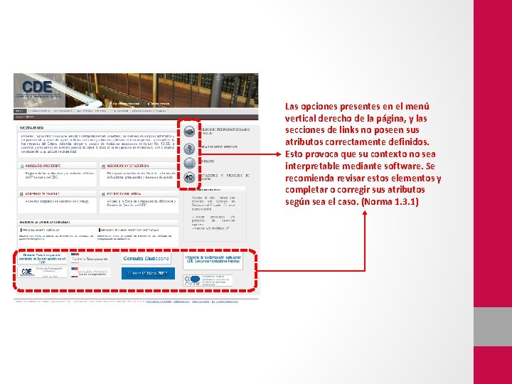 Las opciones presentes en el menú vertical derecho de la página, y las secciones