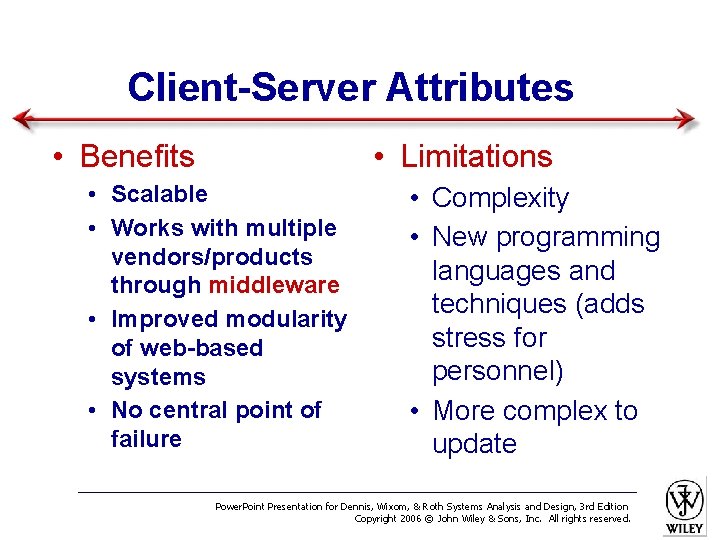 Client-Server Attributes • Benefits • Limitations • Scalable • Works with multiple vendors/products through