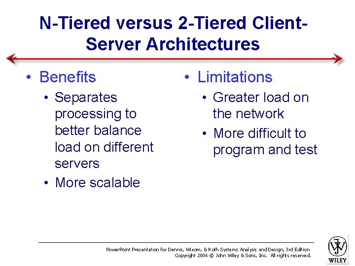 N-Tiered versus 2 -Tiered Client. Server Architectures • Benefits • Limitations • Separates processing