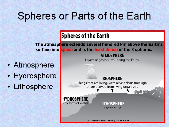 Spheres or Parts of the Earth The atmosphere extends several hundred km above the
