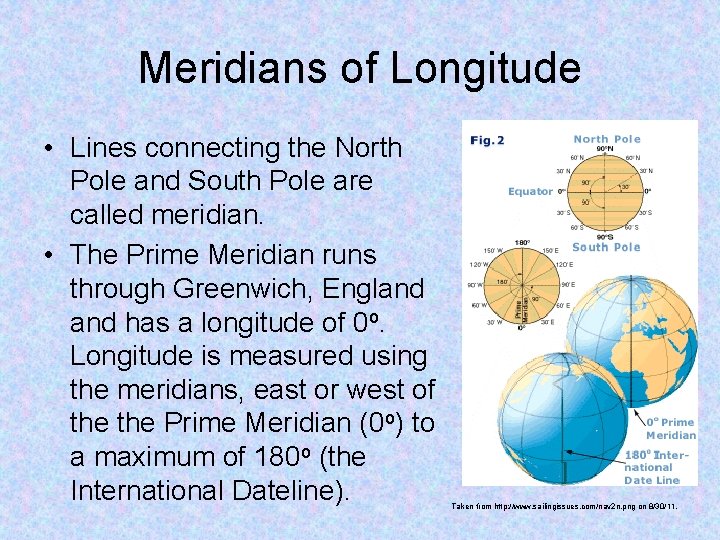 Meridians of Longitude • Lines connecting the North Pole and South Pole are called