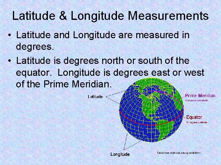 Latitude & Longitude Measurements • Latitude and Longitude are measured in degrees. • Latitude