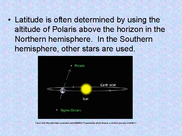  • Latitude is often determined by using the altitude of Polaris above the