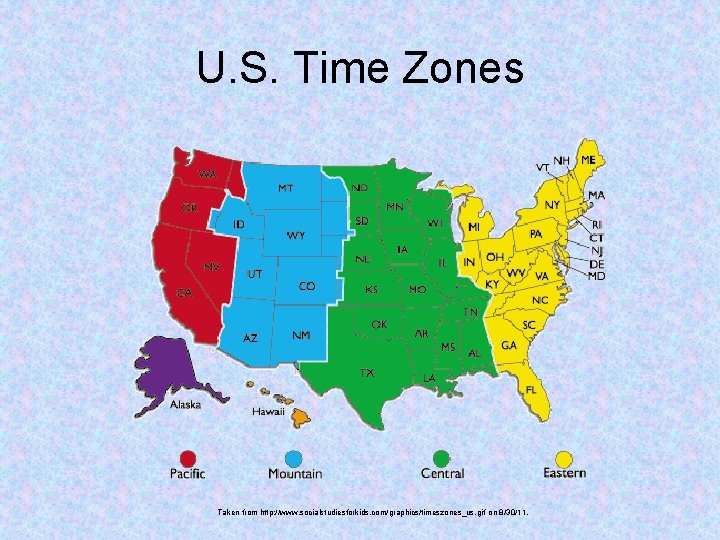U. S. Time Zones Taken from http: //www. socialstudiesforkids. com/graphics/timeszones_us. gif on 8/30/11. 