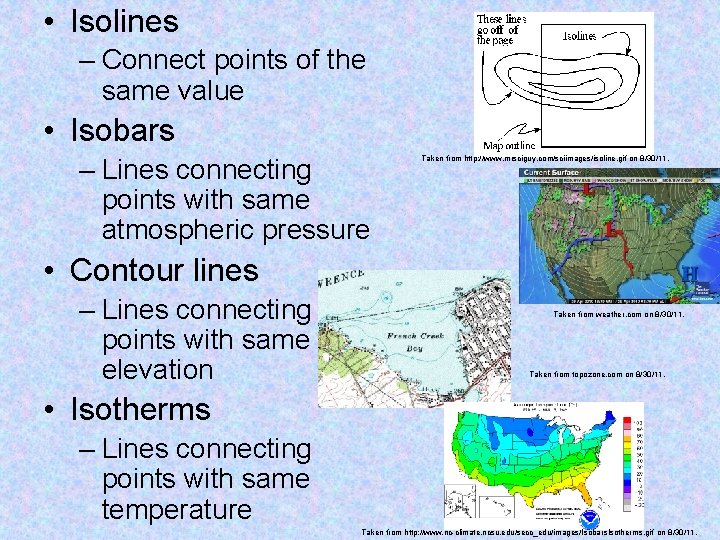  • Isolines – Connect points of the same value • Isobars – Lines